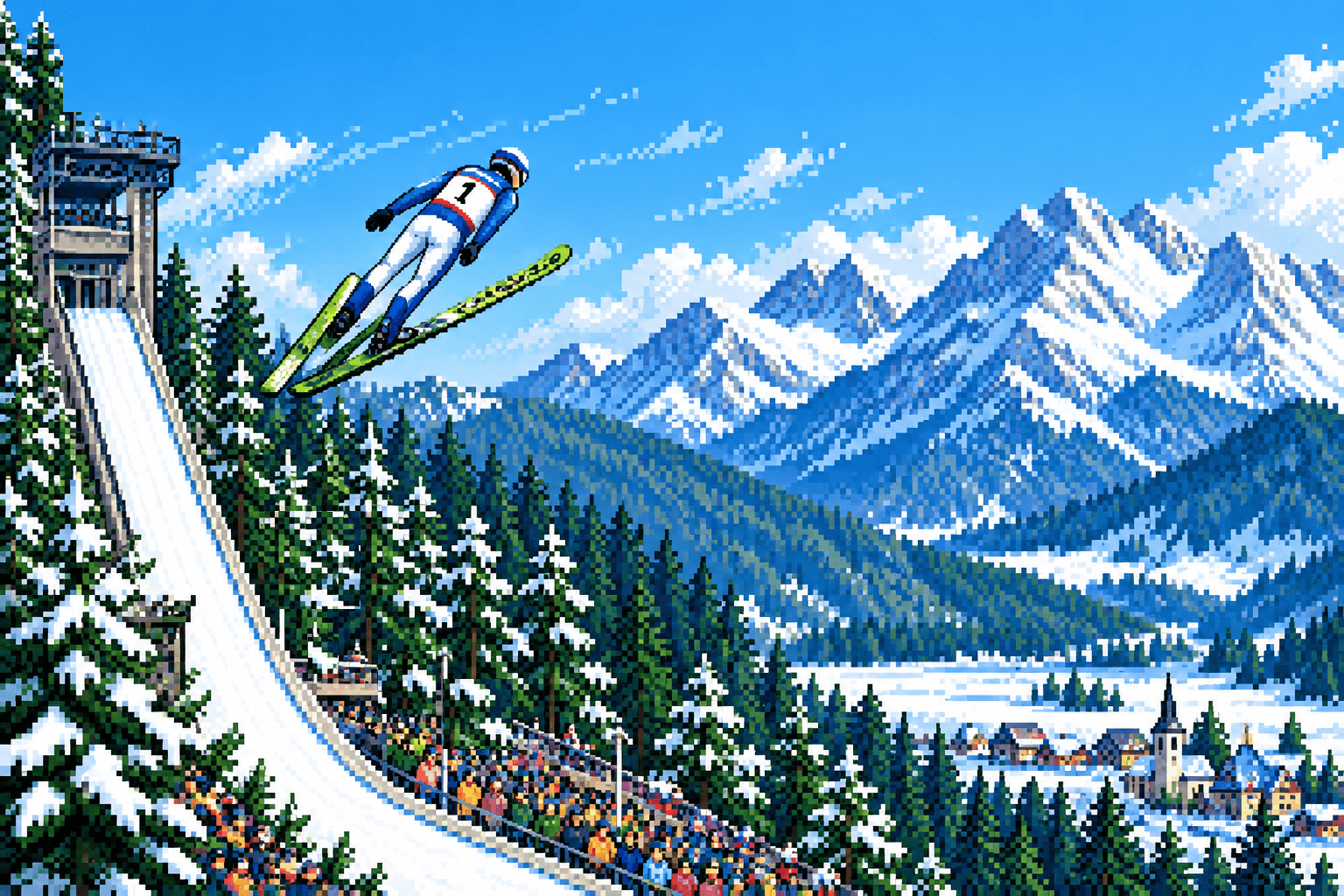 Pixel-art ski jumper flying over Planica, Slovenia